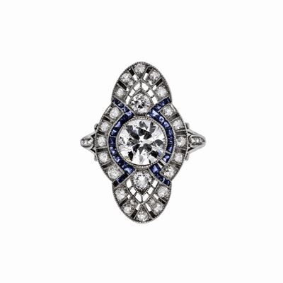 Anello a Losanga in Platino, Diamanti e Zaffiri