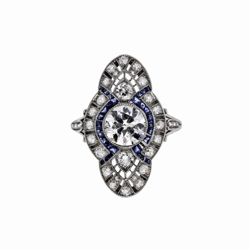 Anello a Losanga in Platino, Diamanti e Zaffiri