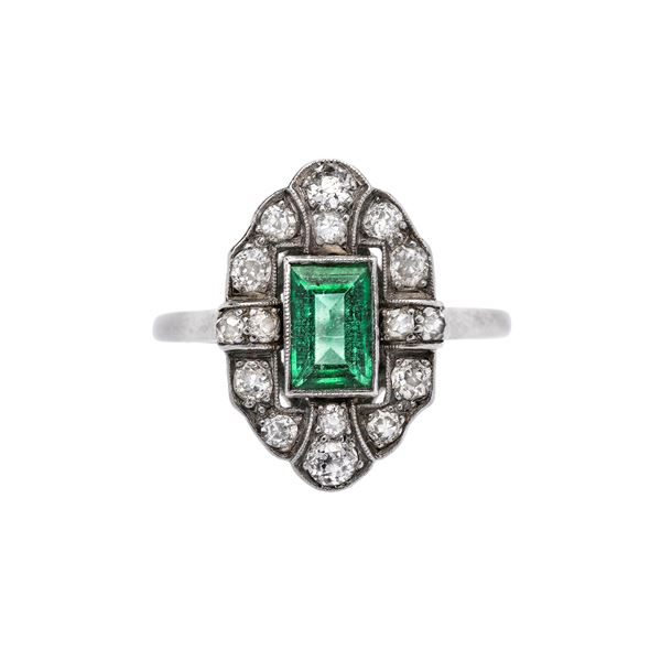 Platinum, emerald and diamond ring