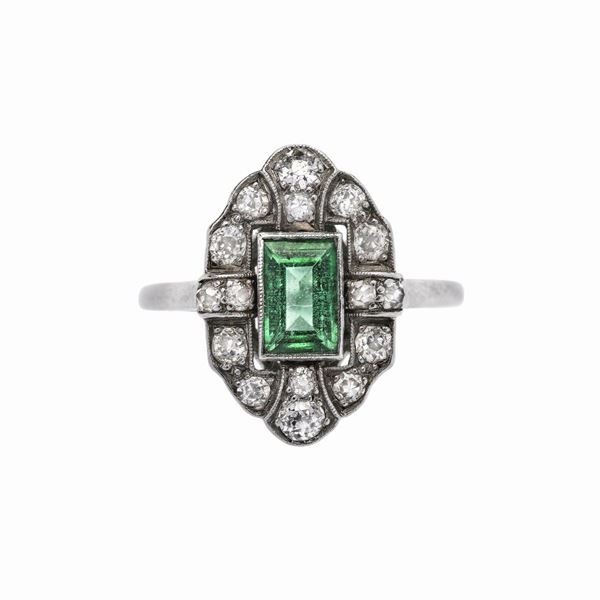 Platinum, emerald and diamond ring