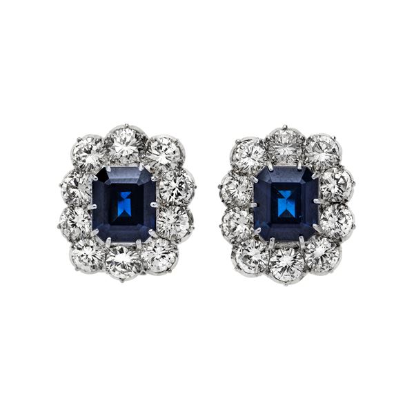 Pair of white gold diamond earrings, diamonds and sapphires