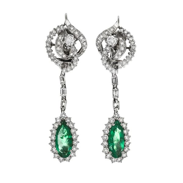 Pair of white gold, diamond and emerald earrings