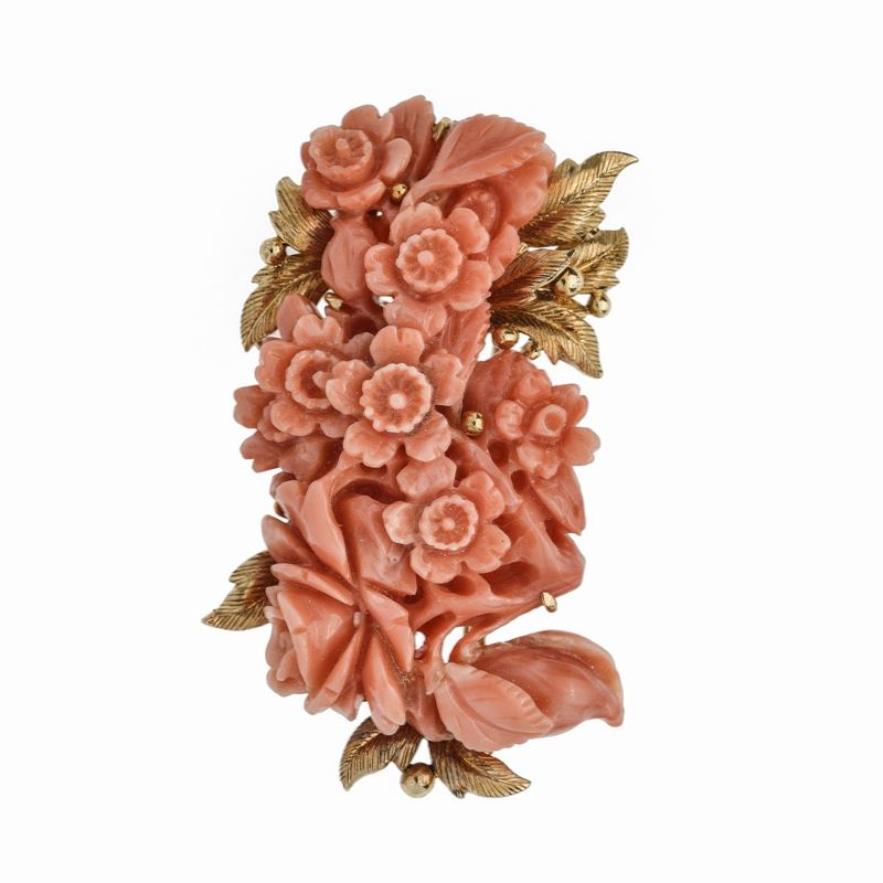 Spilla in Oro Giallo e Corallo Rosa