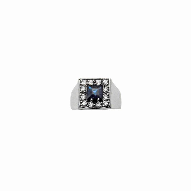 Anello da Mignolo in Oro Bianco, Diamanti e Zaffiro