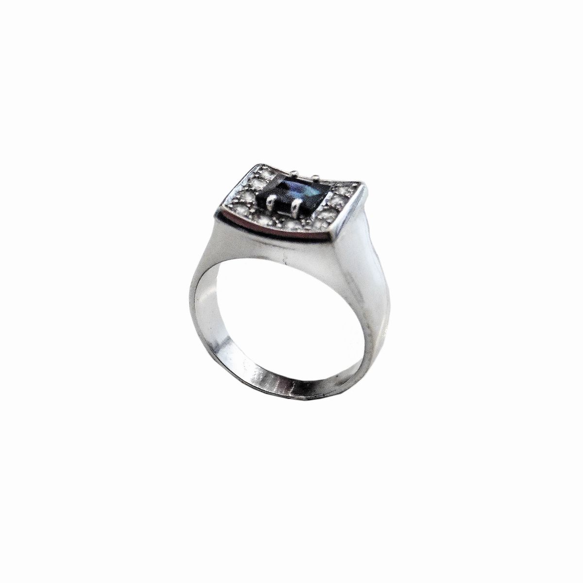 Anello da Mignolo in Oro Bianco, Diamanti e Zaffiro