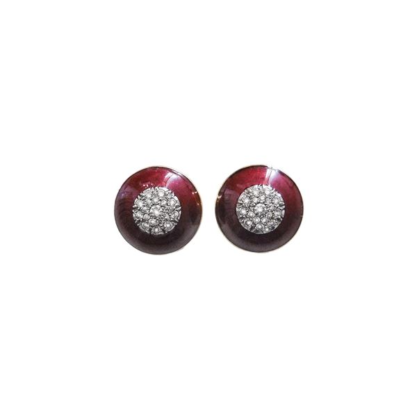 Pair of yellow gold, red enamel and diamond clip earrings