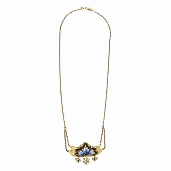Collana in oro giallo, diamanti e smalto
