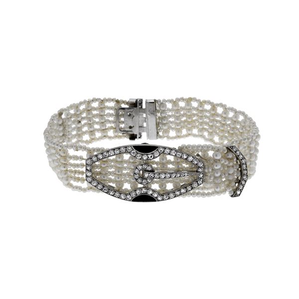 CARTIER - Bracelet in platinum, micro-pearls, onyx and diamonds Cartier