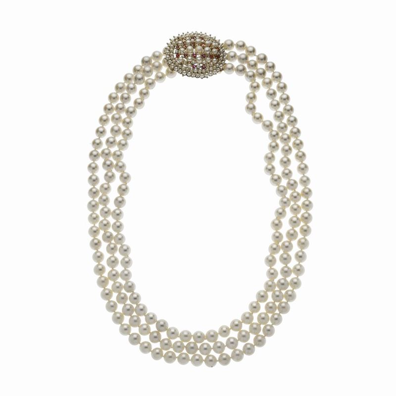 Collana in Oro Giallo, Perle, Diamanti e Rubini
