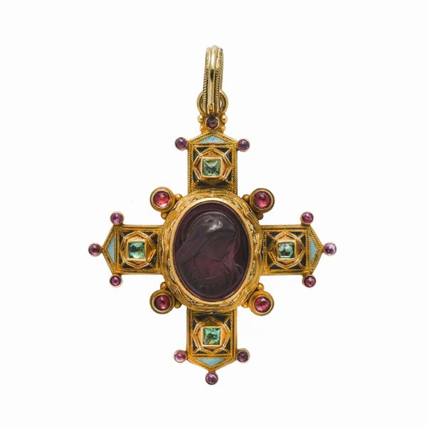 Cross yellow gold, polychrome enamel and garnet engraved