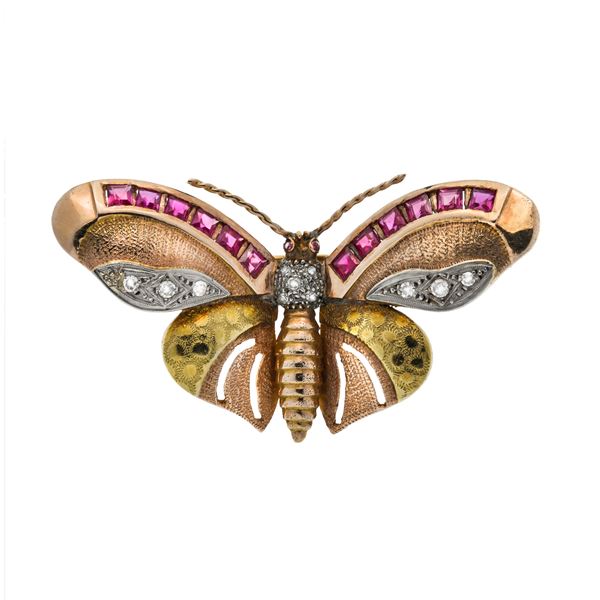 Butterfly brooch in yellow gold, white gold, red gold and red stones