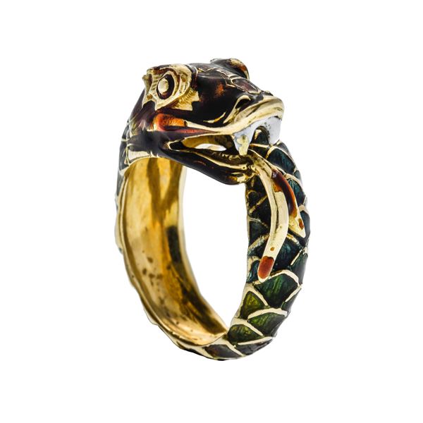 Snake ring in yellow gold and polychrome enamel