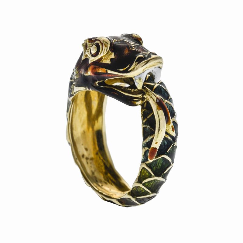 Anello Serpente in Oro Giallo e Smalti Policromi