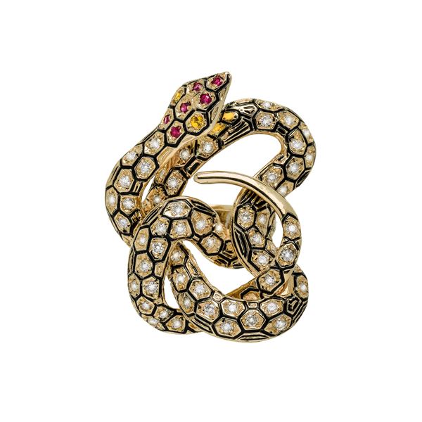 Ring in yellow gold, rubies, diamonds and black enamel