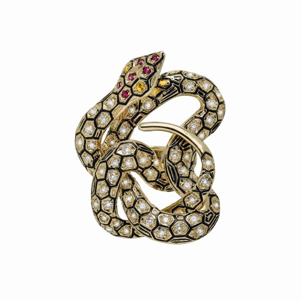 Anello in oro giallo, rubini diamanti e smalto nero