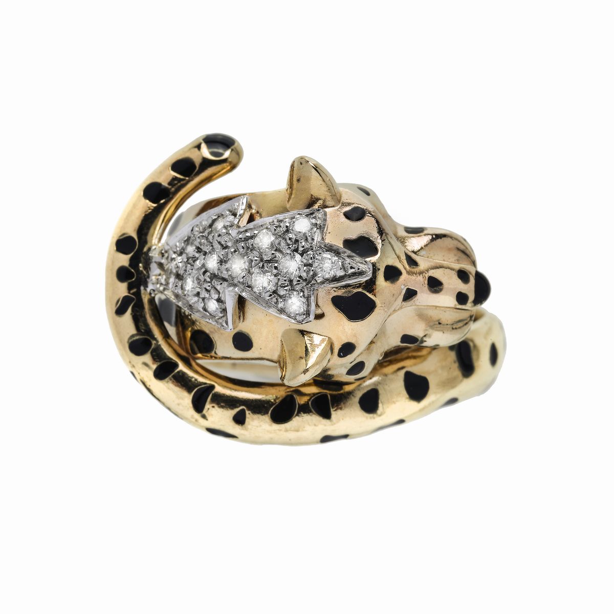 Anello in Oro Giallo, Smeraldo, Smalto Nero e Diamanti