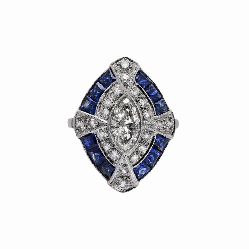 Anello in Oro Bianco, Diamanti e Zaffiri