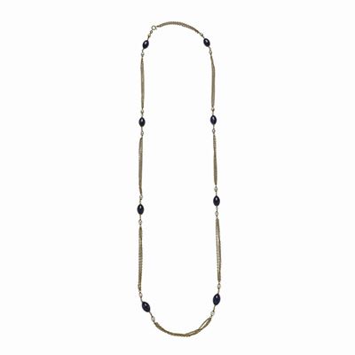 Lunga Collana in Oro Giallo, Perle Coltivate e Lapislazzulo