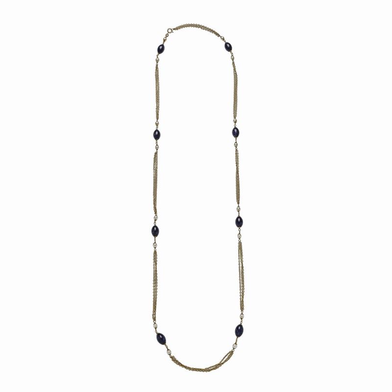 Lunga Collana in Oro Giallo, Perle Coltivate e Lapislazzulo