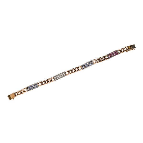 Rose gold bracelet, rubies, sapphires and diamonds  - Auction Antique Jewelry, Modern and Watches - Curio - Casa d'aste in Firenze