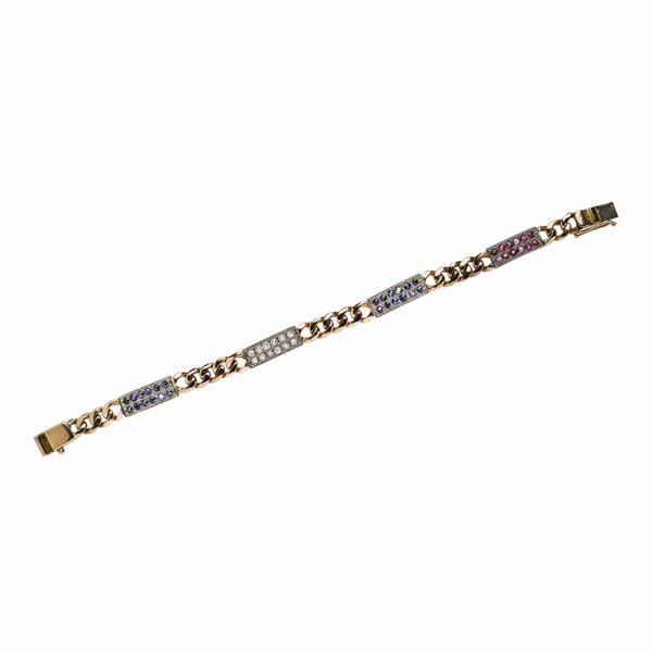 Bracciale in oro rosa, rubini, zaffiri e diamanti