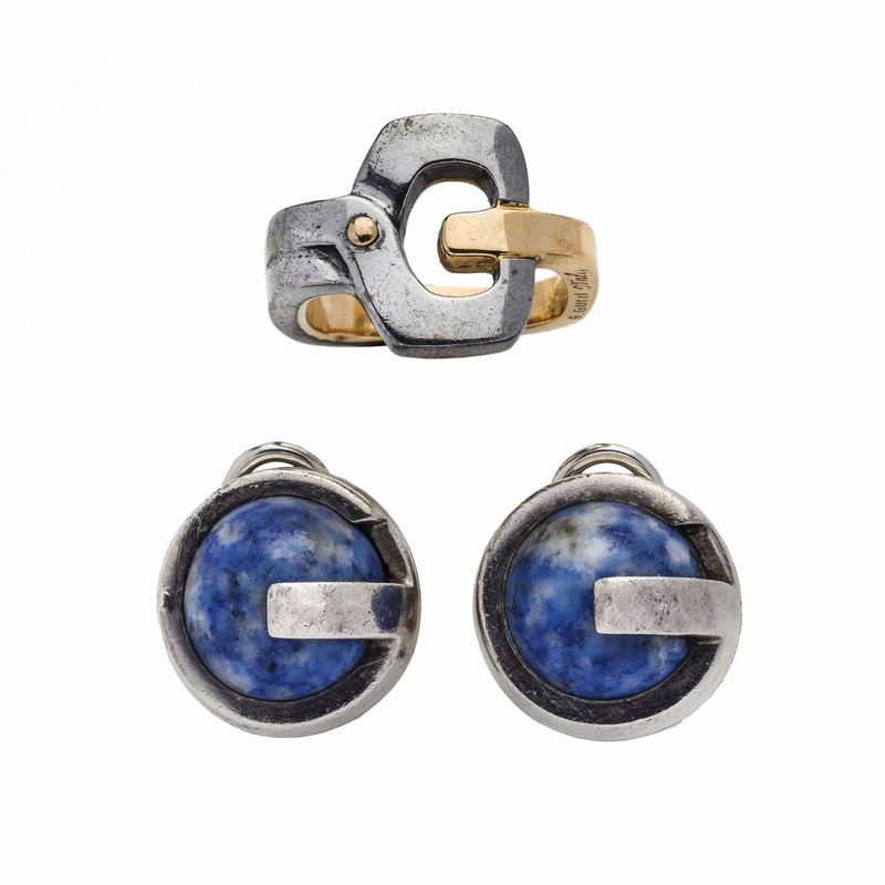 Anello e Orecchini in Oro Giallo, Argento e Sodalite Gucci