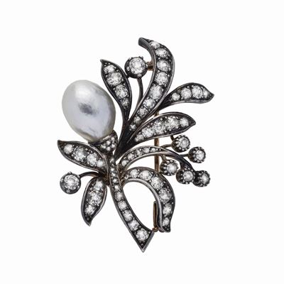 Spilla in Oro Giallo, Argento, Diamanti e Perla Naturale Wab