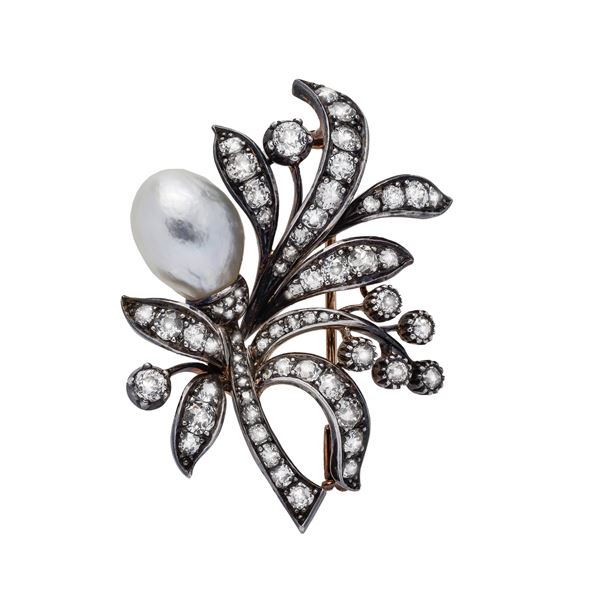 WAB : Gold brooch low titer, silver, diamond and natural pearl Wab  - Auction Antique Jewelry, Modern and Watches - Curio - Casa d'aste in Firenze