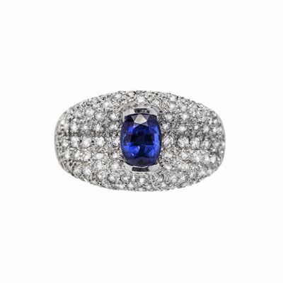 Anello in Oro Bianco, Diamanti e Zaffiro