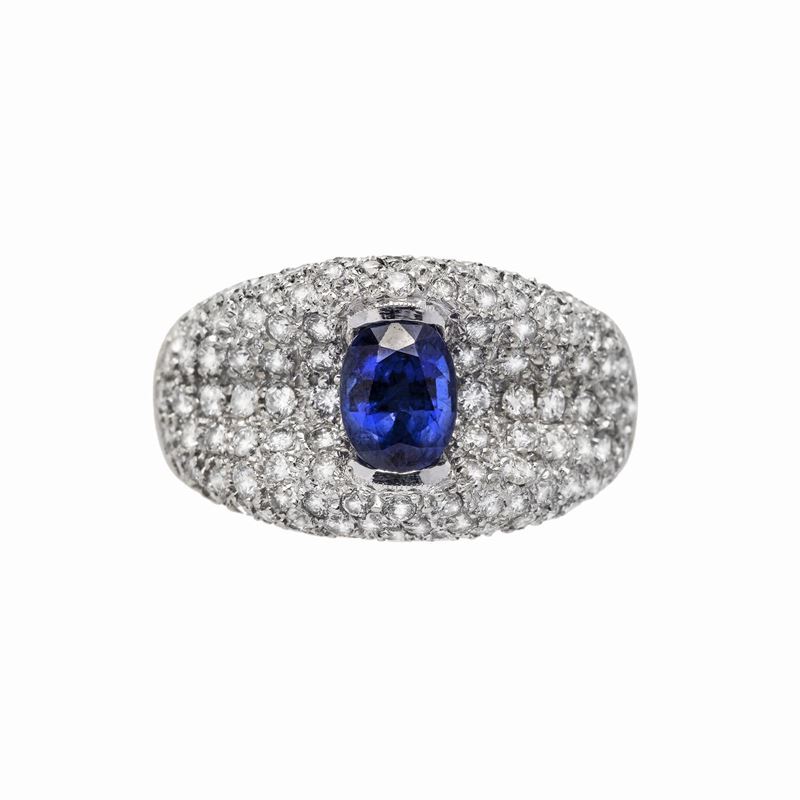 Anello in Oro Bianco, Diamanti e Zaffiro