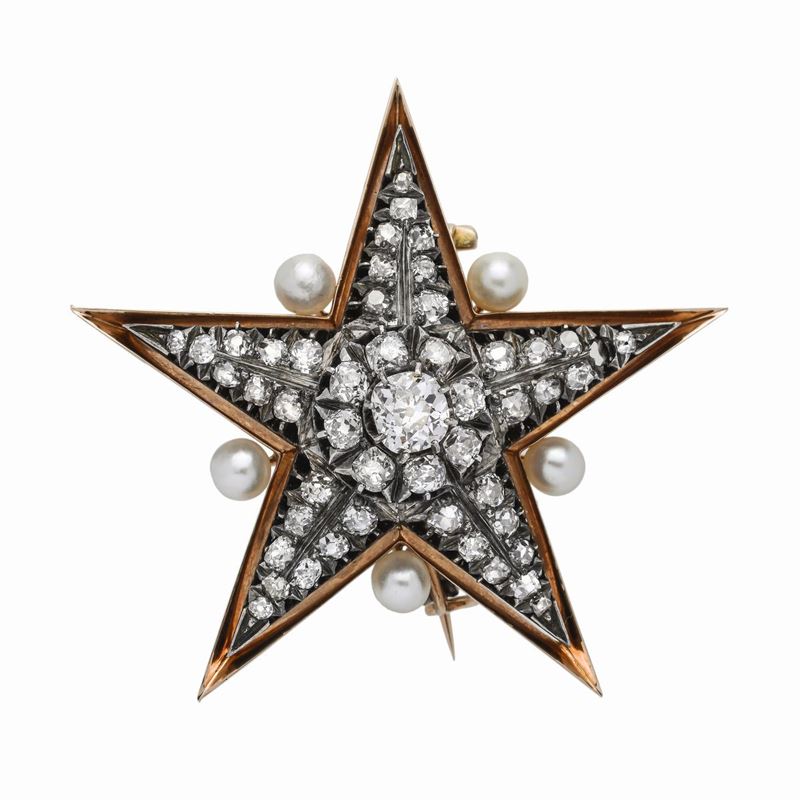 Spilla Stella in Oro Giallo, Argento, Perle e Diamanti