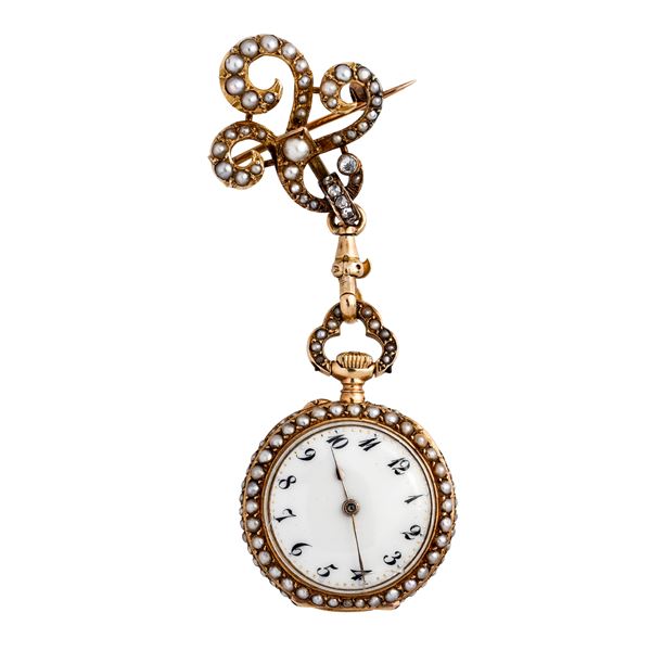 Pocket watch in yellow gold, diamonds and microbeads