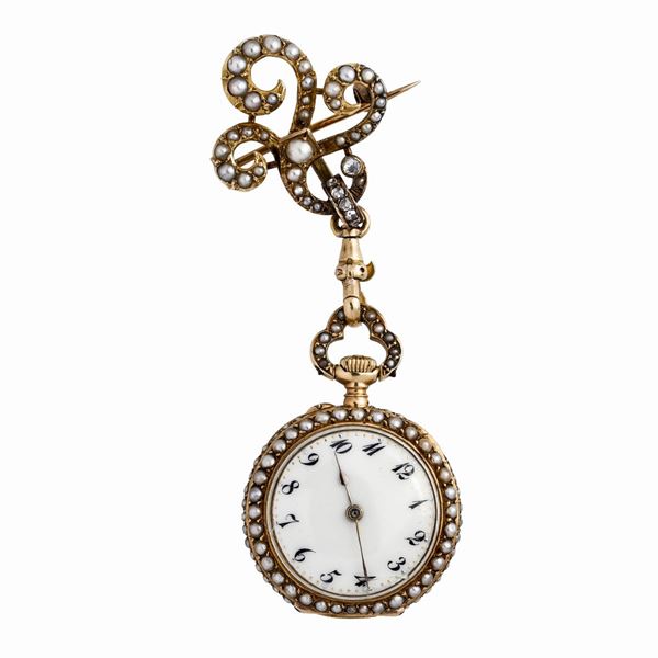 Orologio da tasca in oro giallo, diamanti e microperle