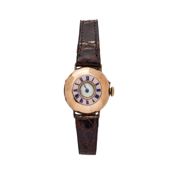 Wristwatch in yellow gold and pink and blue enamel Eye of Ox