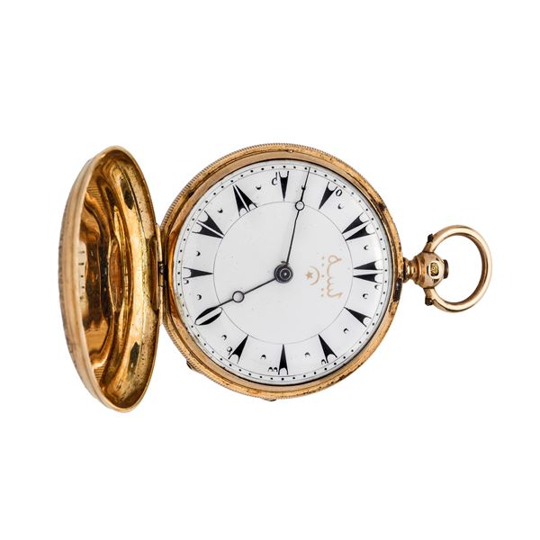 Pocket watch in yellow gold, blue enamel and diamonds