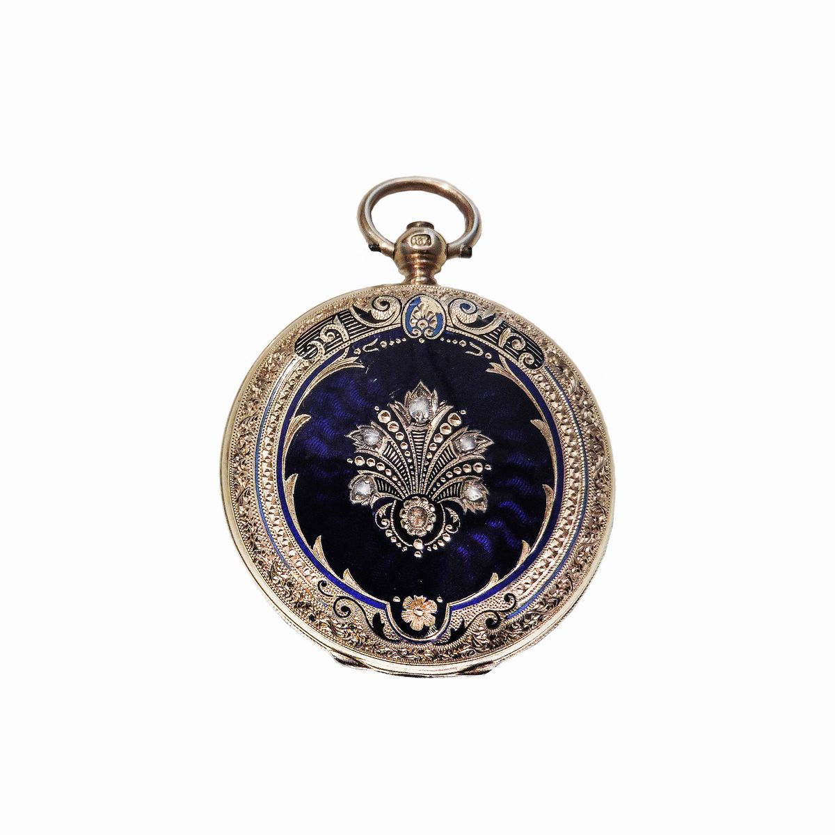 Orologio da Tasca in Oro Giallo, Smalto Blu e Diamanti