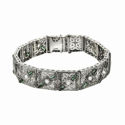 Bracciale in Platino, Oro a Basso Titolo, Pietre Verdi e Diamanti