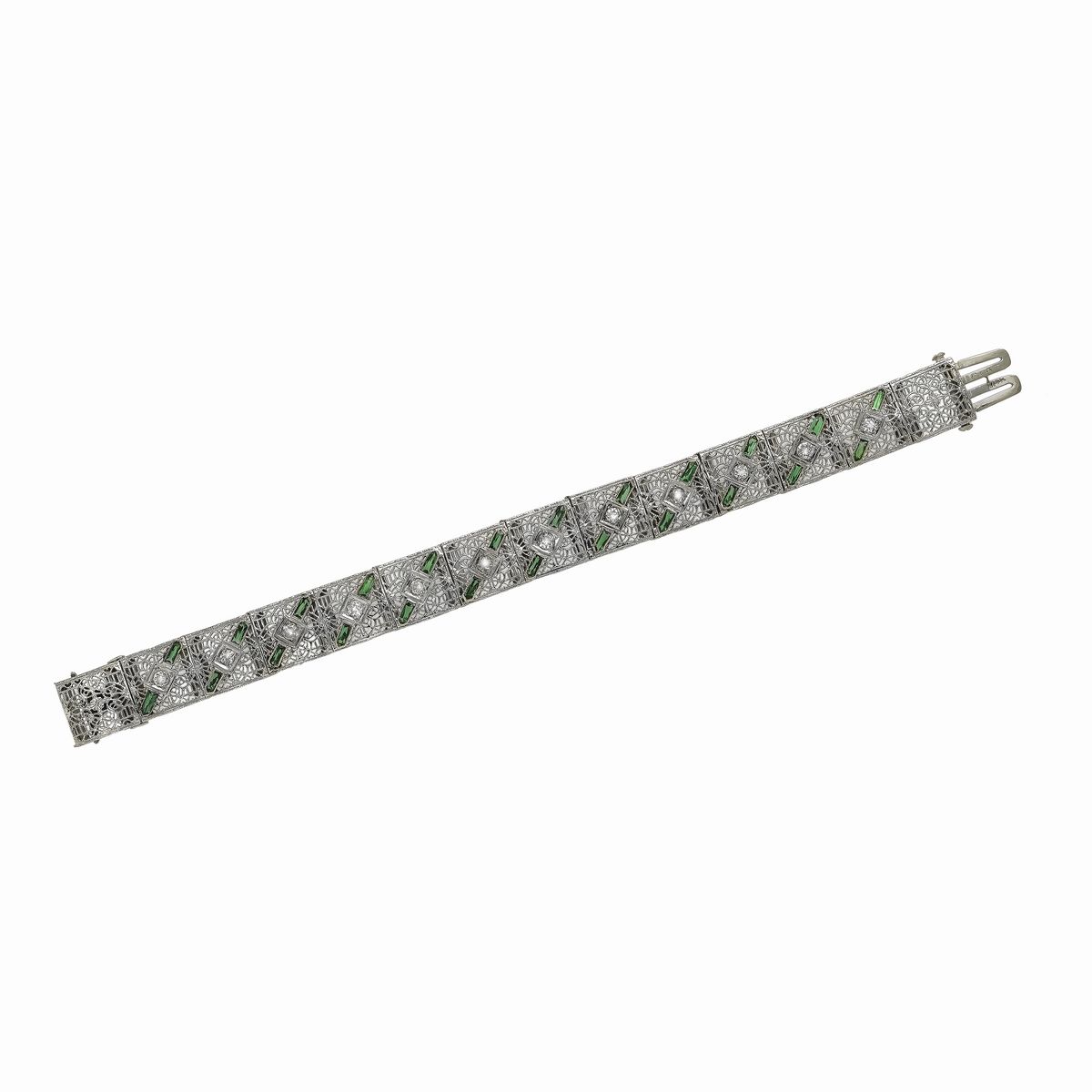 Bracciale in Platino, Oro a Basso Titolo, Pietre Verdi e Diamanti