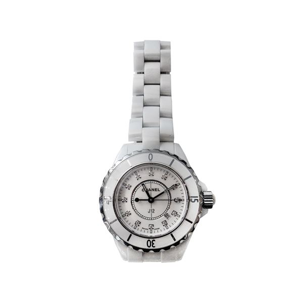 CHANEL - Watch lady steel, white porcelain and diamond Chanel J12
