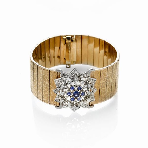 Bracciale in oro giallo, oro bianco, diamanti e zaffiri