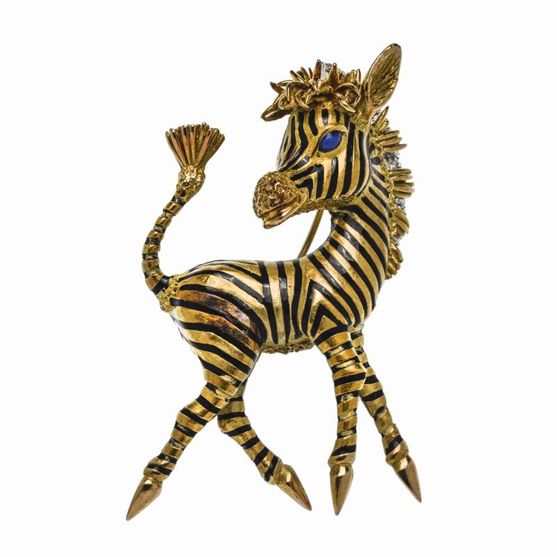 Spilla Zebra in Oro Giallo, Oro Bianco, Smalti e Diamanti Frascarolo