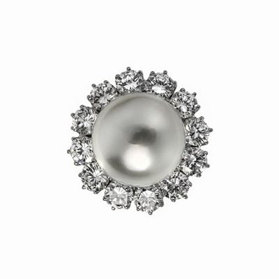 Anello in Oro Bianco, Diamanti e Perla