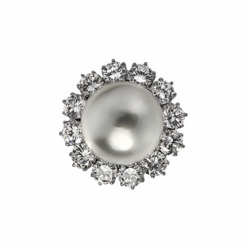 Anello in Oro Bianco, Diamanti e Perla
