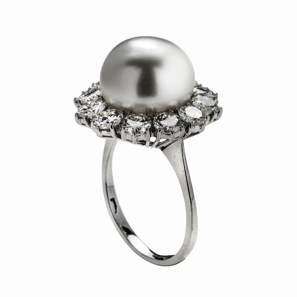 Anello in Oro Bianco, Diamanti e Perla