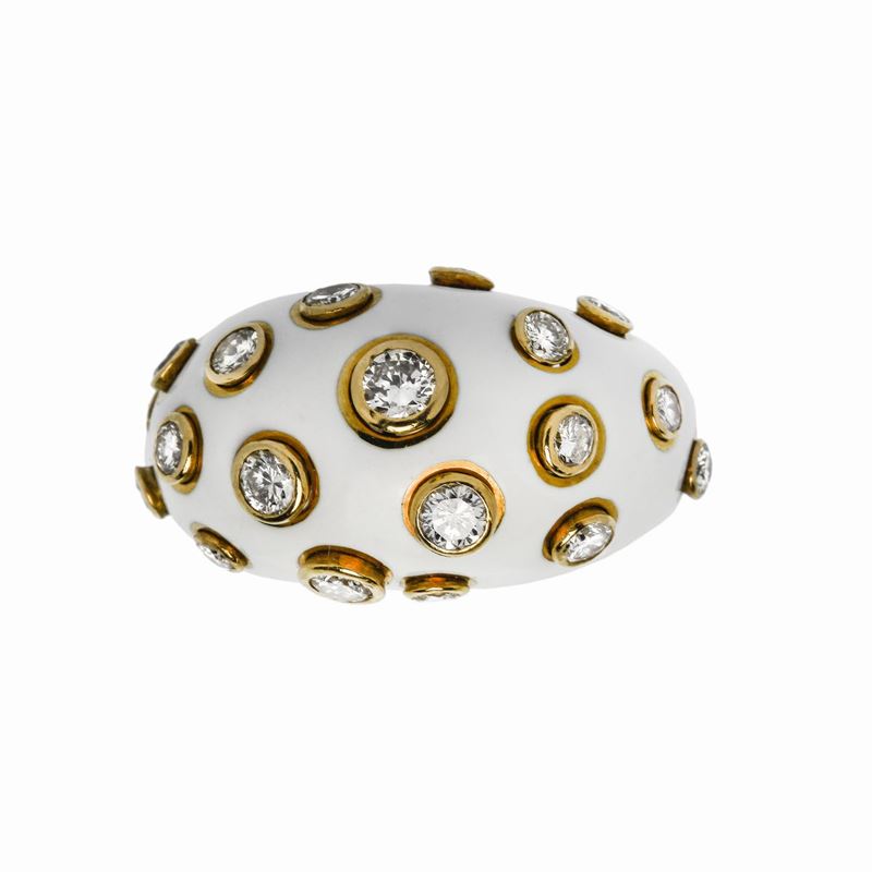 Anello in Oro Giallo, Smalto Bianco e Diamanti Christian Dior