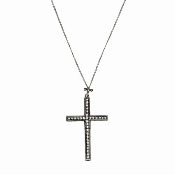 Cross in yellow gold, silver and diamonds