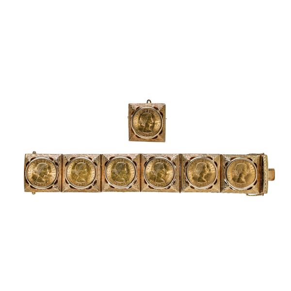 Gold bracelet and brooch in yellow gold and coins  - Auction Antique Jewelry, Modern and Watches - Curio - Casa d'aste in Firenze