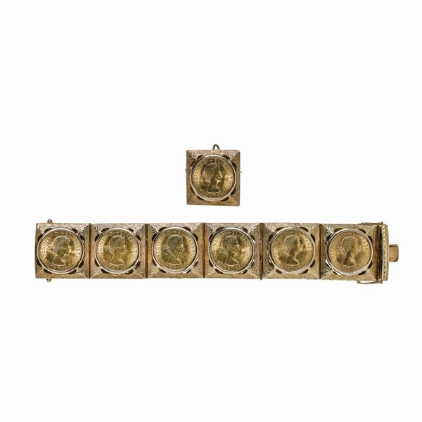 Bracciale e spilla in oro giallo e monete