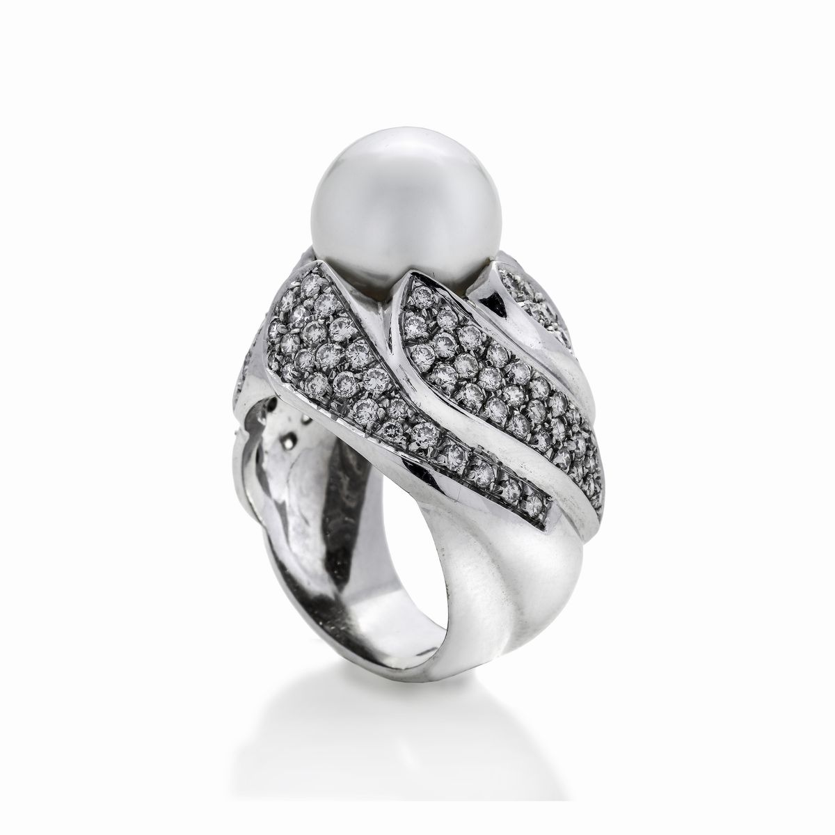 Anello in Oro Bianco, Diamanti e Perla