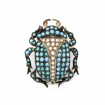 Spilla Scarabeo in Oro a Basso Titolo, Argento, Diamanti e Turchesi